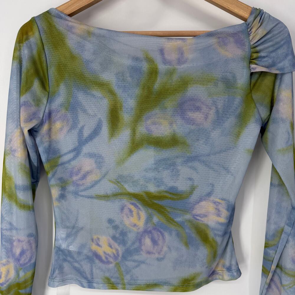 REFORMATION Elio Knit Top Floral Off The Shoulder Sheer Mesh Long Sleeve Blouse - Picture 9 of 10